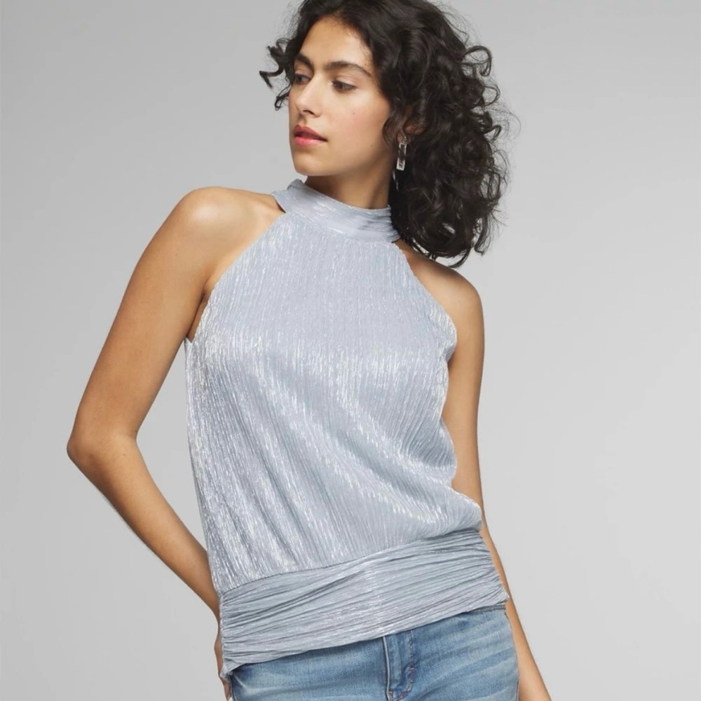 White House Black Market Metallic Shimmering Silver Blue Halter Top